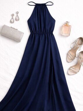 Halston Heritage Navy Halter Maxi Dress Backless Sz 4 Minimalist Luxury Evening